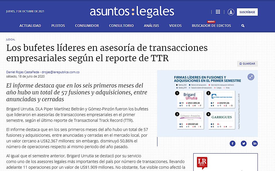 Los bufetes lderes en asesora de transacciones empresariales segn el reporte de TTR